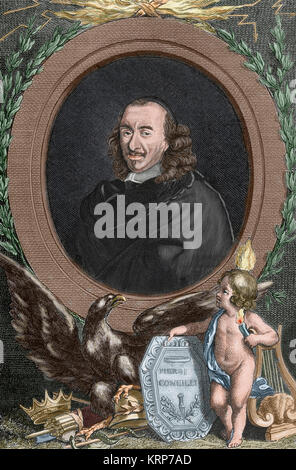 Pierre Corneille (1606-1684). Der französische Dramatiker. Porträt. Kupferstich von Drosser. Gefärbt. Stockfoto