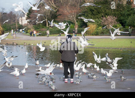 Eine ältere Frau steht allein das Füttern der Vögel im Regent's Park, London, Vereinigtes Königreich Stockfoto