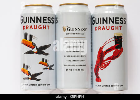 Guinness Draught - Limited Edition Guinness Dosen mit kultigen John gilroy von Hummer und Toucan Kunstwerk - auf ads auf der Grundlage Stockfoto