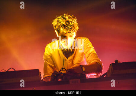 Jamie XX, die englische Electronica Musik Produzent, DJ und Remix Künstler, führt eine Live Show bei VEGA in Kopenhagen. Jamie XX führt als Solokünstler, sondern ist auch ein Mitglied der Londoner Band, die xx. Dänemark, 01/11 2015. Stockfoto