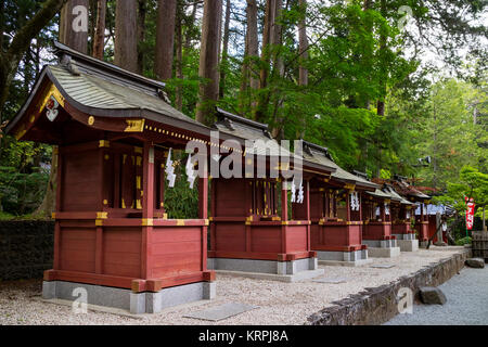 Fujiyoshida City, Japan - 13. Juni, 2017: Reihe von kleinen roten Schreine in Fujiyoshida Sengen Shrine in Fujiyoshida Stadt Stockfoto