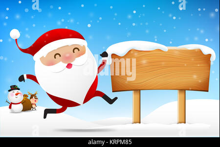 Weihnachten Weihnachtsmann Schneemann und Rentier cartoon Lächeln vor der großen Leere Holzschild mit Kopie Raumzeiger Abbildung: Eps 10 002 Stockfoto