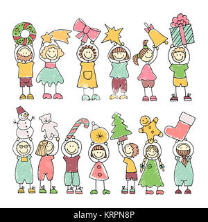Satz farbiger Symbole der glückliche Kinder. Frohe Weihnachten Stockfoto