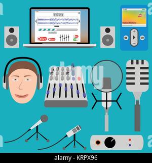 Ausrüstung für das Podcasting und Laptop-player, Mikrofon und Mischpult Stock Vektor