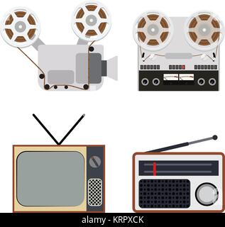 Flaches Design retro Objekte mit einem Filmprojektor, Kassettenrecorder, TV und Radio - eine Abbildung auf gelbem Hintergrund Stock Vektor