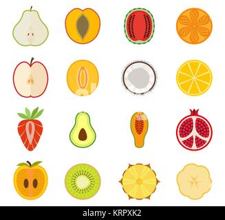 Vector Obst Icon Set - Birne, Pfirsich, Aprikose, Melone, Orange, Apfel, Melone, Kokos, Zitrone, Erdbeere, Avocado, Papaya, Granatapfel, Kaki, Kiwi, Stock Vektor