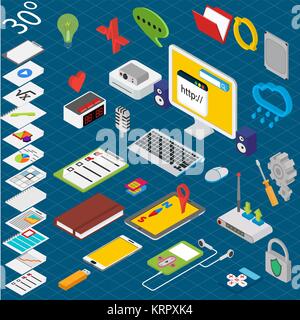Wohnung 3 d isometrische EDV Technik Arbeitsbereich Infografik Konzept Vektor Stock Vektor