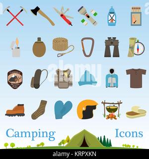 Bergwandern und Klettern vektor Icon Set und mini Abbildung Stock Vektor