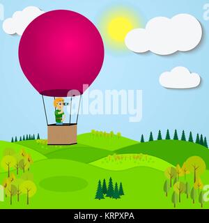 Mann fliegen mit dem Heißluftballon über die eine Berglandschaft. Farbige Abbildung Stock Vektor