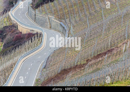 Kurvenreiche Straße durch die Weinberge Stockfoto