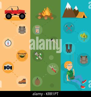 Camping Banner vertikale Reihe mit Abenteuer Berg wandern Flachbild Elemente isoliert Vector Illustration Stock Vektor