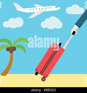 Vektor Flachbild-Fahne. In den Urlaub fahren. Ein Mann mit einem Koffer auf Rädern. Flugzeug und Palmen im Hintergrund. Stock Vektor