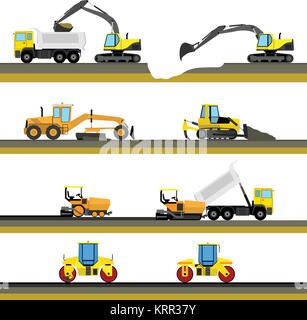 Der nahtlose horizontale Straßenbau Hintergrund mit Baumaschinen Symbole. Vector Illustration Stock Vektor