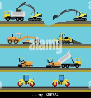 Der nahtlose horizontale Straßenbau Hintergrund mit Baumaschinen Symbole. Vector Illustration Stock Vektor