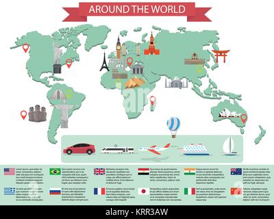 Infografik Welt Orte auf der Karte. Kreml, Eiffelturm, Big Ben, die Tower Bridge, Schiefer Turm, Große Mauer, Japan, Indien und anderen Orten. Die grundlegenden Arten Stock Vektor