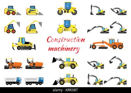Stellen Sie Baumaschinen - Bagger, Radlader, Walzen, Fertiger und Nutzfahrzeuge Stock Vektor