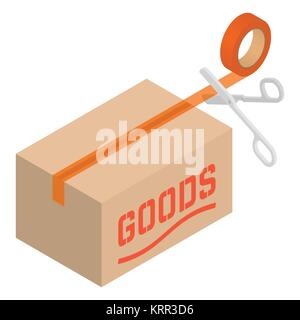 Karton ist versiegelt, Klebeband. Schere schneiden. Das Wort waren auf dem Feld. Isometrische Vector Illustration. Stock Vektor