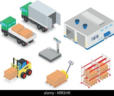 Das Be- und Entladen der Lkw im Lager. Gabelstapler bewegen Sie den Cargo. Lagertechnikgeräten. Isometrische Vector Illustration. Stock Vektor