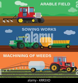 Landwirtschaft horizontale banner Vektor einrichten von landwirtschaftlichen Fahrzeugen und landwirtschaftlichen Maschinen. Abbildung: der Prozess der Aussaat, Anbau und Pflege. Stock Vektor