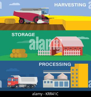 Landwirtschaft horizontale banner Vektor einrichten von landwirtschaftlichen Fahrzeugen, landwirtschaftlichen Maschinen und Werk. Landwirtschaft Konzept mit der Harves Stock Vektor