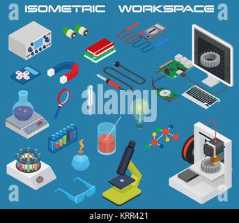 Isometrische Wissenschaft Konzept mit 3D-Design, Elektronik und Chemie Anlagen Stock Vektor