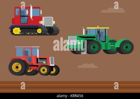 Landwirtschaft Maschinen. Vektor einrichten von Raupentraktoren und fahrbare landwirtschaftliche Traktoren. Stock Vektor