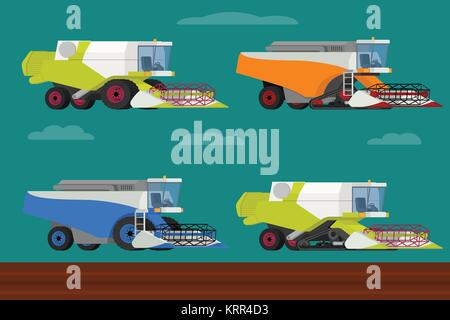 Vektor einrichten der landwirtschaftlichen moderne Mähdrescher Sammlung. Abbildung: in flacher Ausführung. Stock Vektor