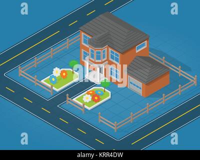 Isometrische Szene, modernes Haus und angrenzenden Bereich mit flower bed-Vector Illustration Stock Vektor