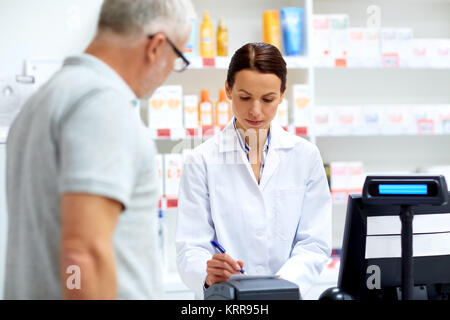 Apotheke und Kunden an Apotheke Stockfoto