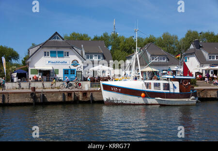 Fischkutter im Hafen des Dorfes Vitte, Insel Hiddensee, Mecklenburg-Vorpommern, Ostsee, Deutschland, Europa Stockfoto