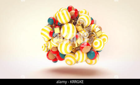 Eine fröhliche 3D Rendering wirbelnder celebratory bunte Kugeln mit goldenen Spiralen und Würfel im Hintergrund weiß gestreift. Alle von Ihnen u erinnern Stockfoto