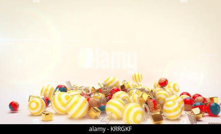 Eine freudige 3D-Darstellung der rollenden celebratory bunt gestreiften Kugeln mit goldenen Spiralen und Würfel in den weißen Hintergrund. Alle von Ihnen gratulieren Stockfoto