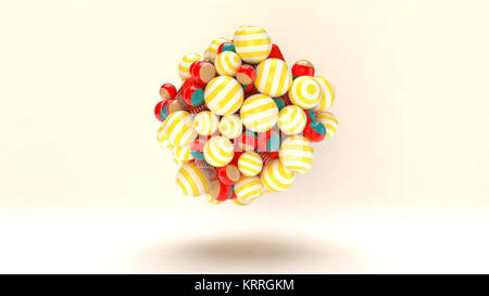 Eine gemütlich 3d-Abbildung der hochfliegenden bunt gestreiften Kugeln für Weihnachten Geschenke mit glitzernden Spiralen und Würfel in den weißen Hintergrund. Alle von Ihnen da Stockfoto