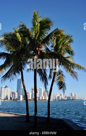 Die Skyline von Miami, Brickell Avenue, sonnigen Tag mit blauen Himmel über Wasser, Rickenbacker Causeway Vista von Hobie Island Beach Park, Miami, Florida, USA. Stockfoto