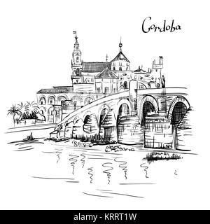 Vektor Mezquita und römischen Brücke in Cordoba, Spanien Stockfoto