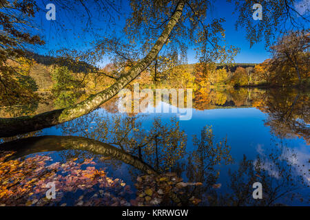 Tanzende Blätter im Herbst bei langer Belichtung, buntes Herbstlaub und deren Wanderung in 1963 sehen, blauer Himmel und Bunter Herbst am Wasser Stockfoto