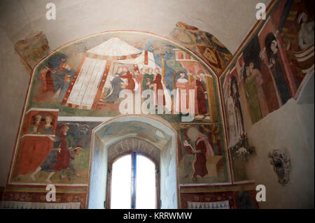 Fresken von Memmo di Filippuccio in Kamera del Podesta (Podesta Ferienwohnungen) im Palazzo Comunale im historischen Zentrum von San Gimignano aufgeführten Welt Herit Stockfoto