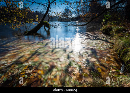 Tanzende Blätter im Herbst bei langer Belichtung, buntes Herbstlaub und deren Wanderung in 1963 sehen, blauer Himmel und Bunter Herbst am Wasser Stockfoto