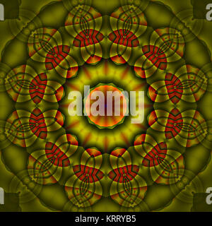 Abstrakte geometrische Nahtlose retro Hintergrund. Regelmäßige Runde Ornament in oliv grün und orange mit roten Schatten, verzierte und verträumt. Stockfoto