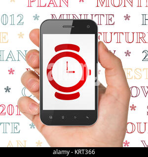 Timeline Konzept: Hand Smartphone mit Red Hand Watch-Symbol auf der Anzeige, Tag Cloud Hintergrund, 3D-Rendering Stockfoto