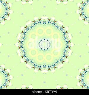 Abstrakte geometrische nahtlose Hintergrund. Regelmäßige symmetrische floral Kreis Ornamente in Pastellfarben Gelb, Weiß, Blau auf Grün. Stockfoto