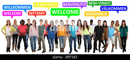 Welcome multikulturell Menschen Gruppe Menschen Leute / Flüchtlinge Flüchtlinge in verschiedenen Sprachen Stockfoto