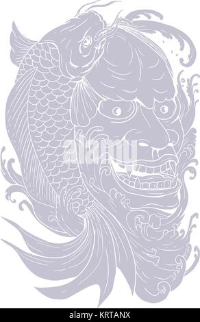 Zeichnung Skizze stil Abbildung: hannya Maske, ein Noh Theater Maske, ein eifersüchtiger weiblicher Dämon mit metallischen Augen und einen Mund mit leering Stock Vektor