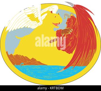 Zeichnung Skizze stil Abbildung eines amerikanischen bully Hund mit Angel Wing kämpfen mauling Satan, Teufel oder Dämon mit Berg- und Meerblick in Eizellen eingestellt Stock Vektor