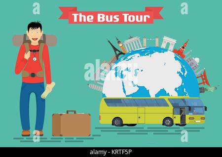 Vektor konzeptionelle Illustration - Touristische geht an die Bus Tour durch Europa und beliebten bekannten Wahrzeichen. Globus mit Denkmälern und grüne touristische Bus. Stock Vektor