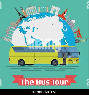 Vektor konzeptionelle Illustration - Der Bus Tour durch Europa und beliebten bekannten Wahrzeichen. Globus mit Denkmälern und grüne touristische Bus. Stock Vektor