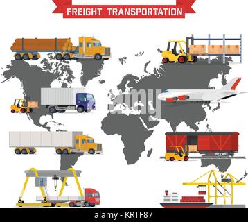 Vektor volumetrische auf weltweiter Versand, starker Verkehr, Lieferung und Logistik in Industrie und Wirtschaft mit Lager, Lkw, Flugzeug, r Stock Vektor