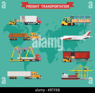 Vektor volumetrische auf weltweiter Versand, starker Verkehr, Lieferung und Logistik in Industrie und Wirtschaft mit Lager, Lkw, Flugzeug, r Stock Vektor