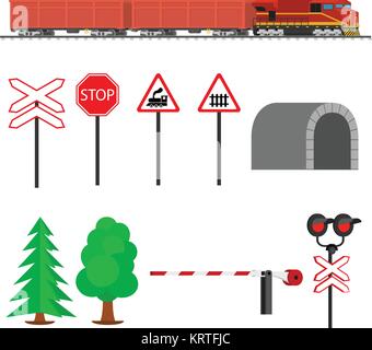 Bahnverkehr Weise und mit Kesselwagen Zug. Eisenbahn Zug Transport. Bahntechnik mit Zeichen, Barrieren, Alarme, Ampel. Flache ico Stock Vektor