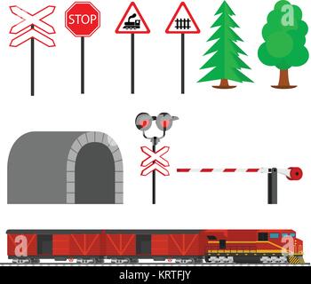 Bahnverkehr weg und Zug mit Waggons. Eisenbahn Zug Transport. Bahntechnik mit Zeichen, Barrieren, Alarme, Ampel. Flache Symbole Stock Vektor